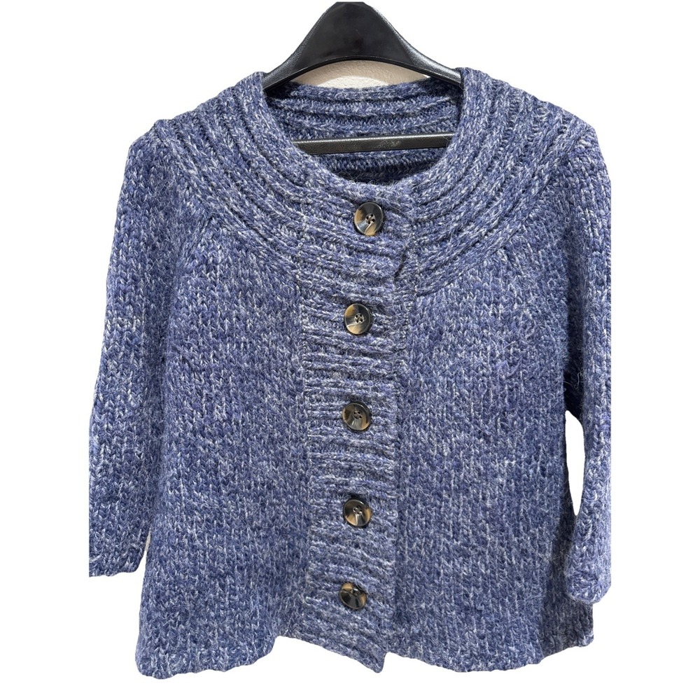 Loft Womens Sweater Cardigan Sz M Blue Wool Alpaca Blend Chunky Knit Big Buttons